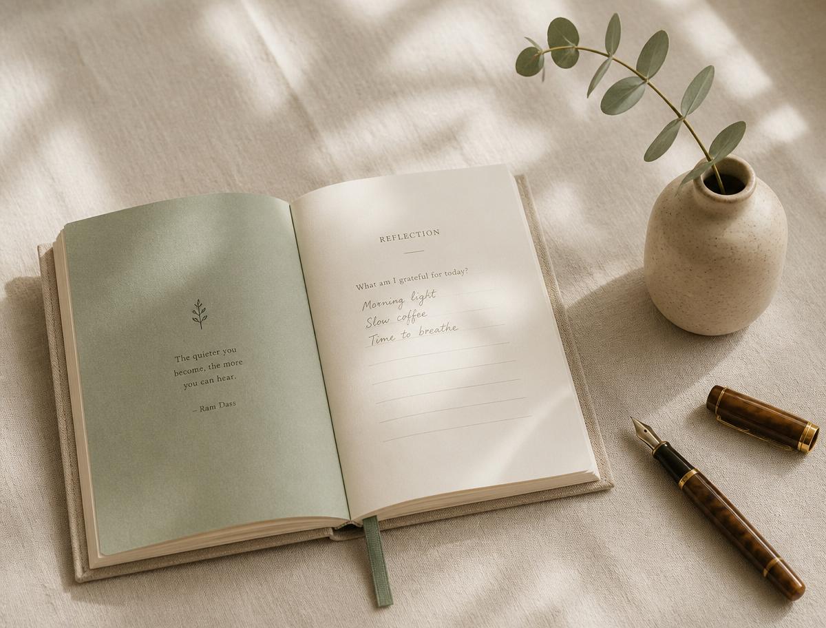 Open journal with a single eucalyptus sprig