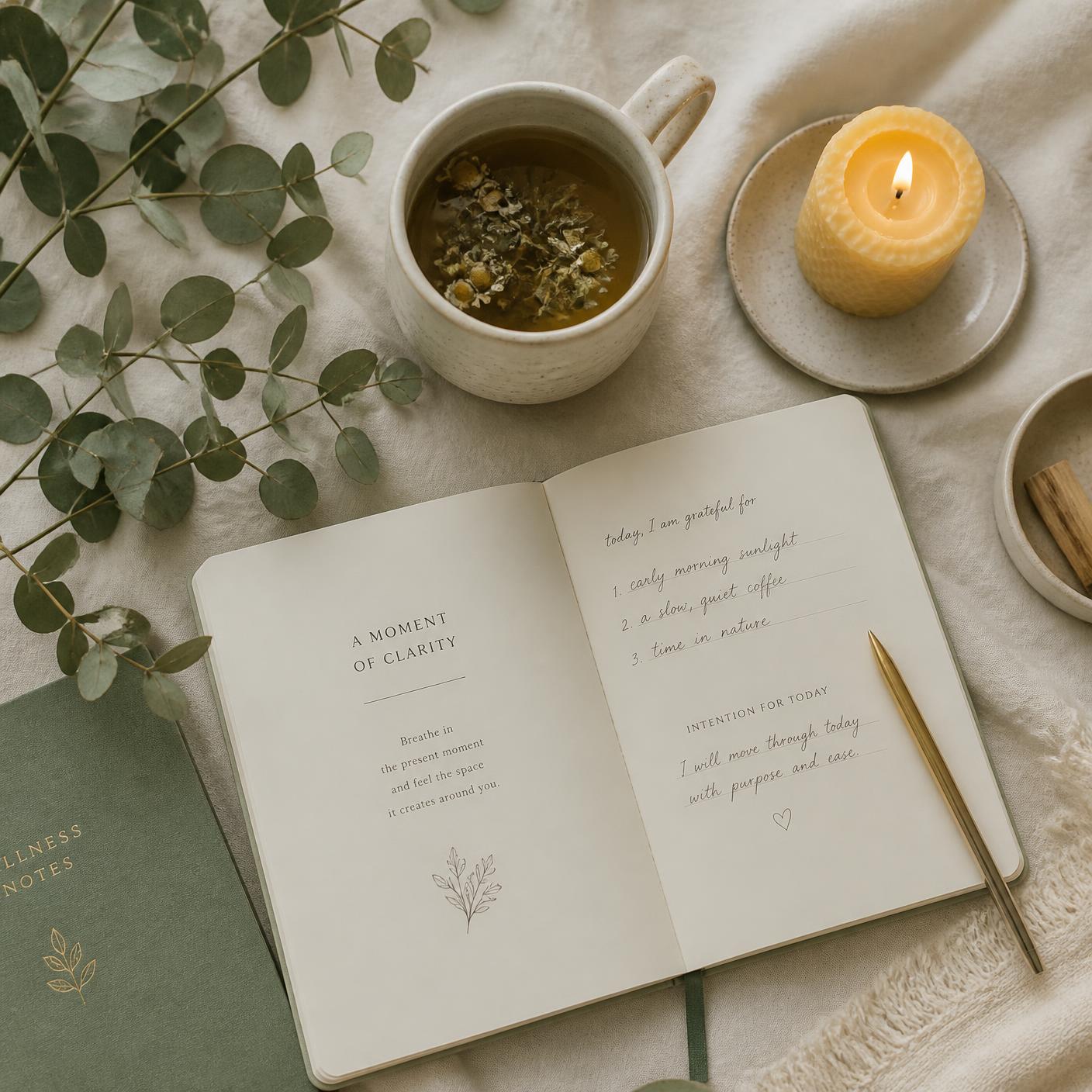 An open journal with tea, eucalyptus and a candle