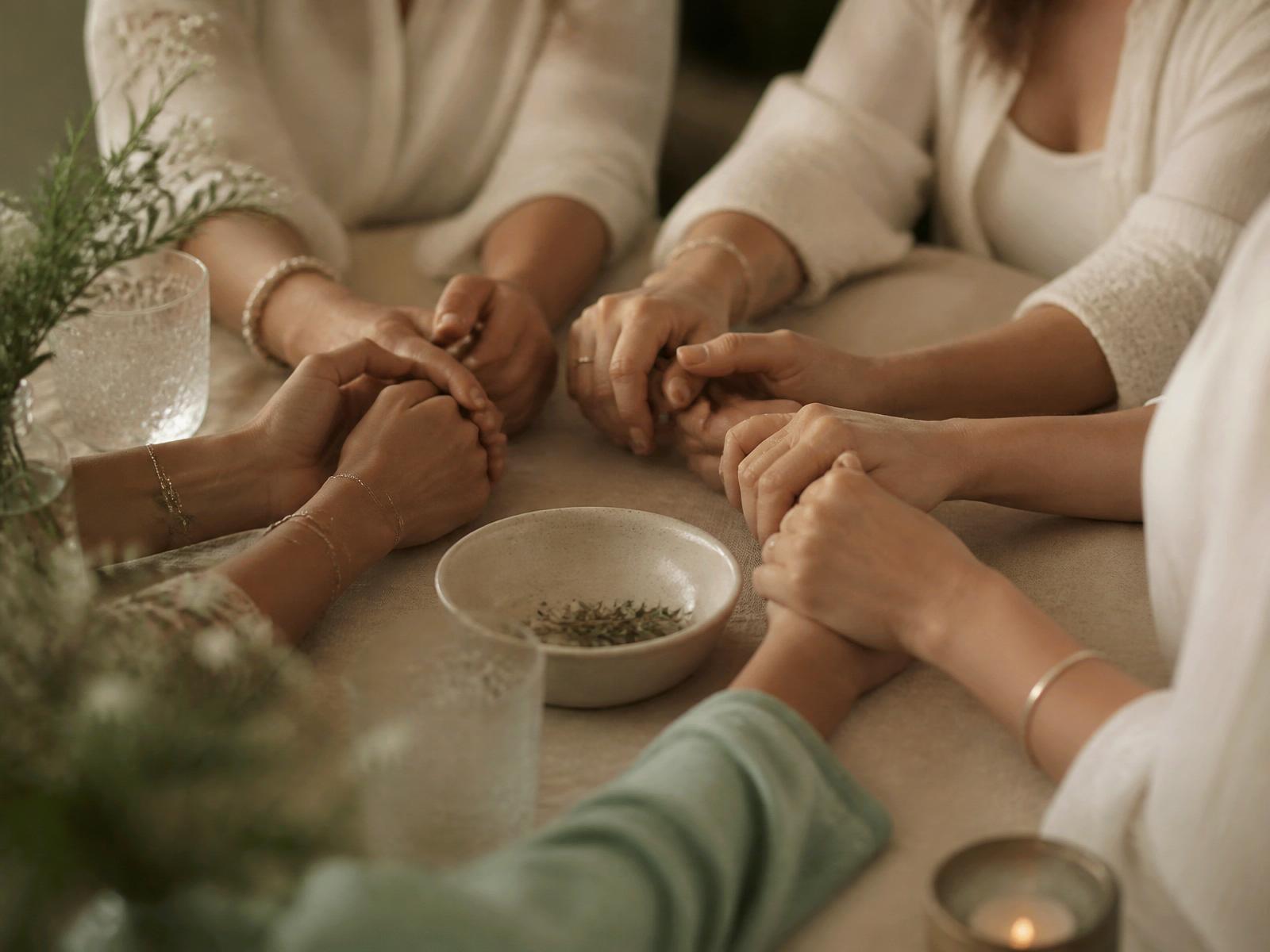Women holding hands in a circle around a ceramic bowl