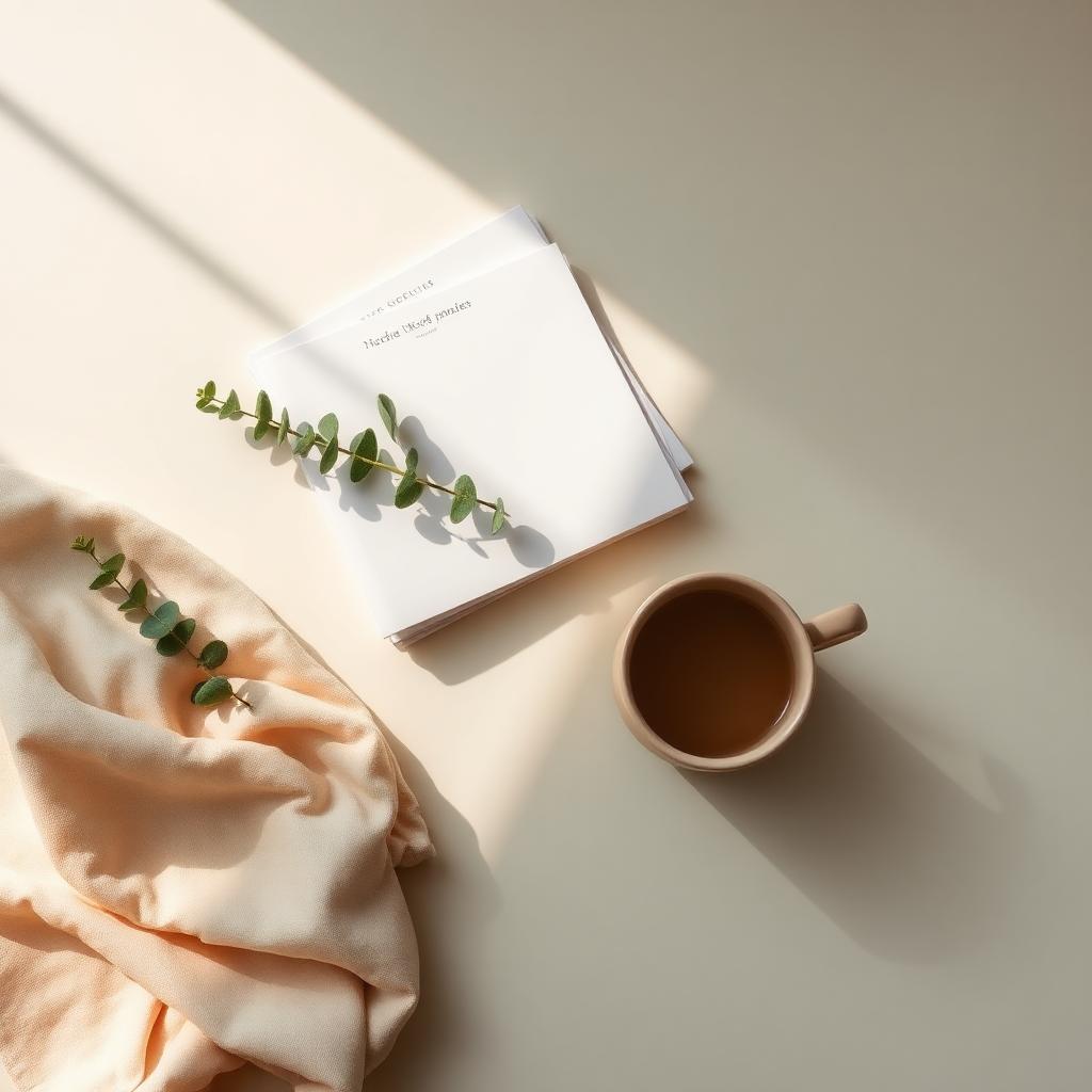 Calm desk with journal, eucalyptus and warm tea