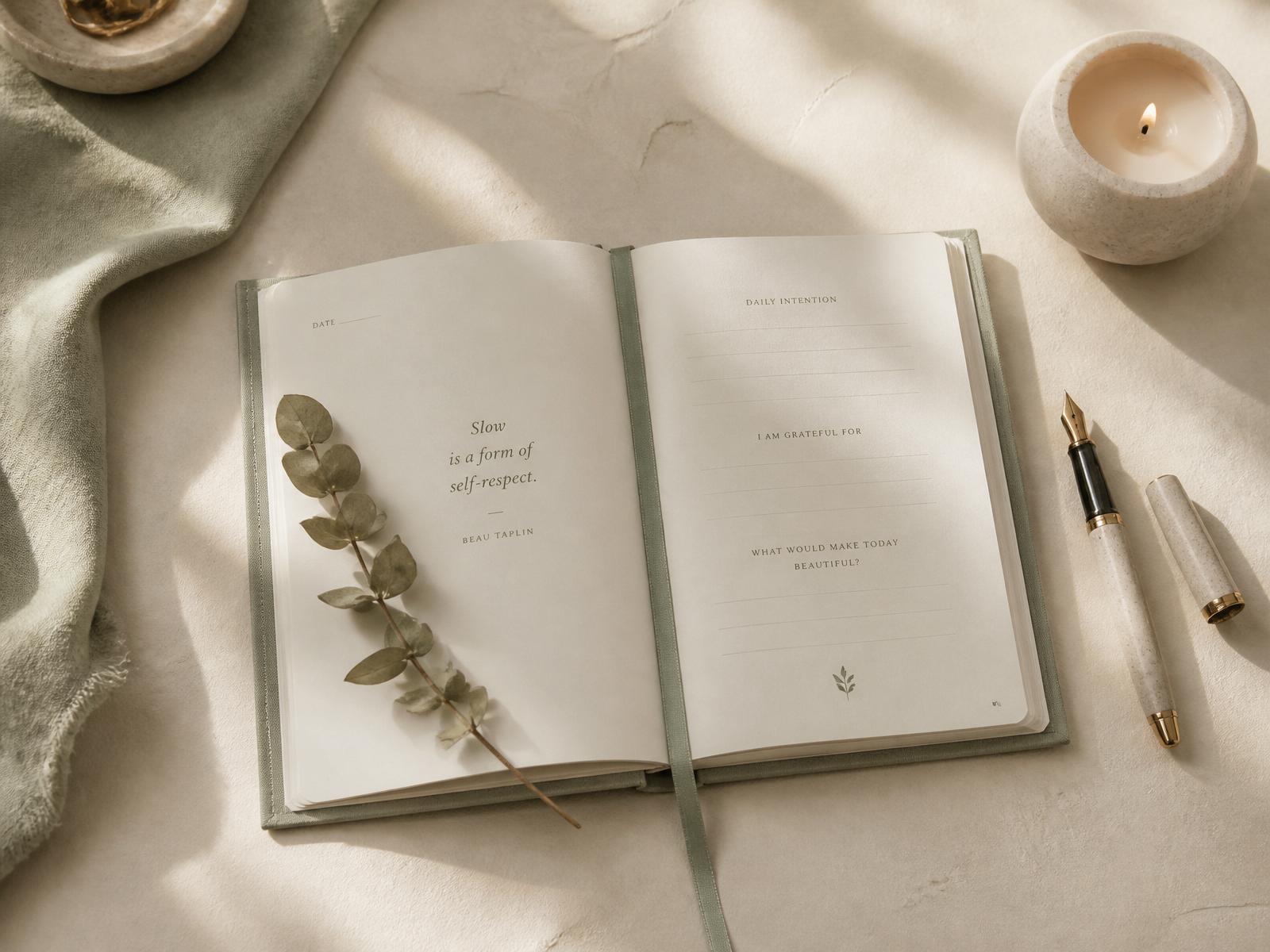 Open journal, candle and eucalyptus